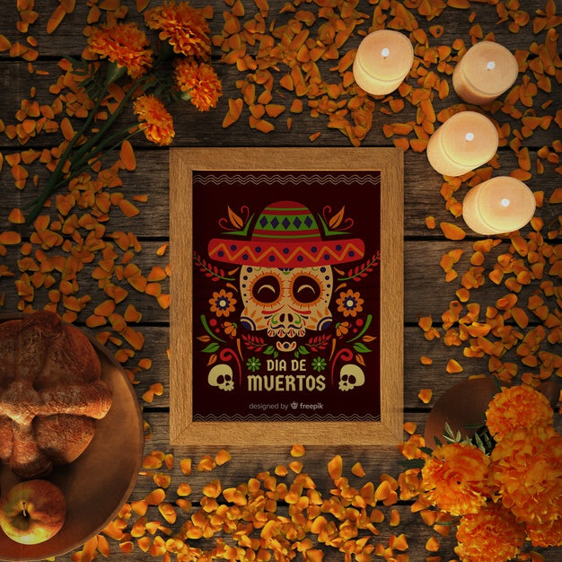 Free Top View Floral Skull With Sombrero Surrounded By Flowers Psd