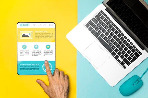 Free Top View Laptop, Mouse And Tablet Psd