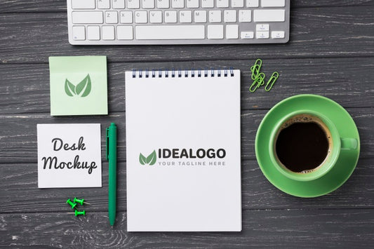 Free Top View Notebook Mock-Up And Stationery Near Coffee And Keyboard Psd
