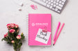 Free Top View Notebook Mock-Up And Stationery Near Keyboard And Roses Psd