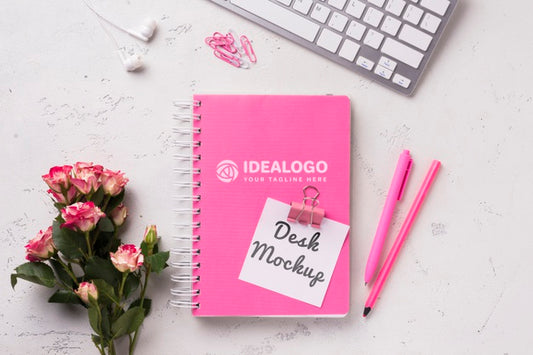Free Top View Notebook Mock-Up And Stationery Near Keyboard And Roses Psd