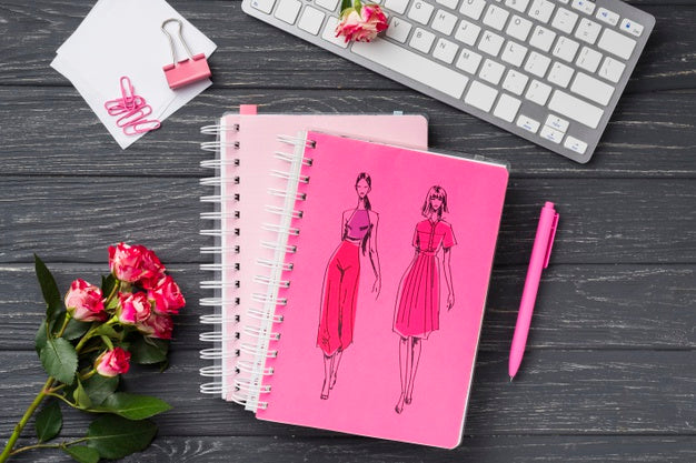 Free Top View Notebook Mock-Up And Stationery Near Roses And Keyboard Psd