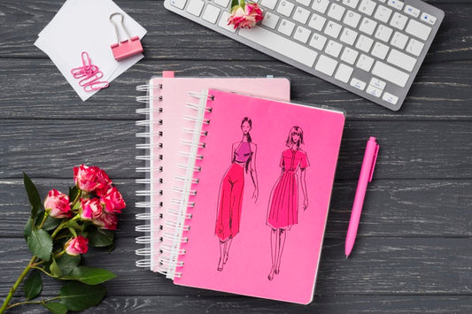 Free Top View Notebook Mock-Up And Stationery Near Roses And Keyboard Psd