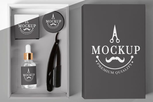 Free Top View Of Barbershop Products Box With Serum And Razor Psd