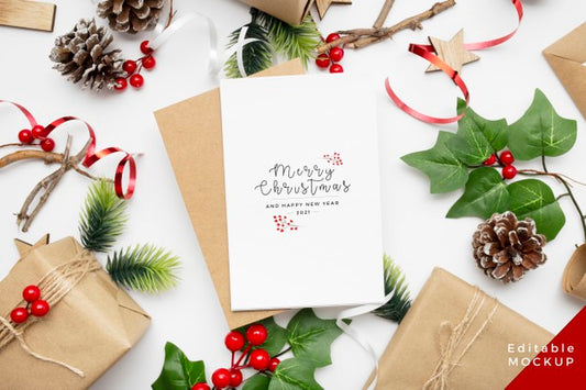 Free Top View Of Christmas Composition With Gift Box Psd