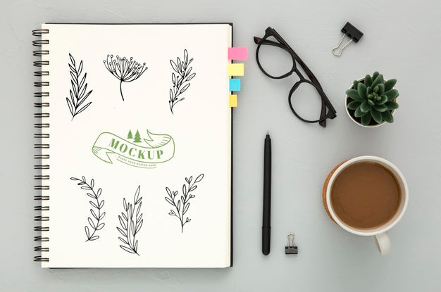 Free Top View Of Desk Surface With Coffee And Glasses Psd