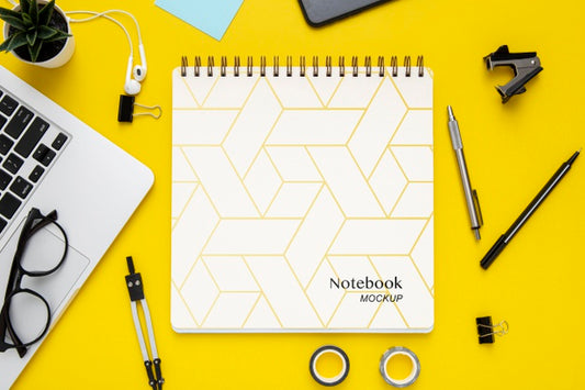 Free Top View Of Desk Surface With Notebook And Laptop Psd