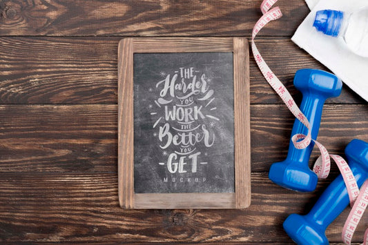 Free Top View Of Fitness Blackboard With Weights Psd