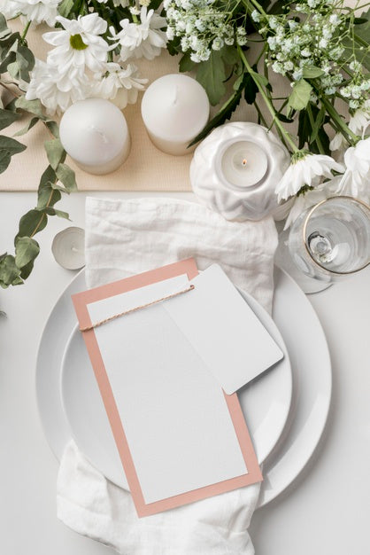 Free Top View Of Table Arrangement With Candles And Spring Menu Mock-Up Psd