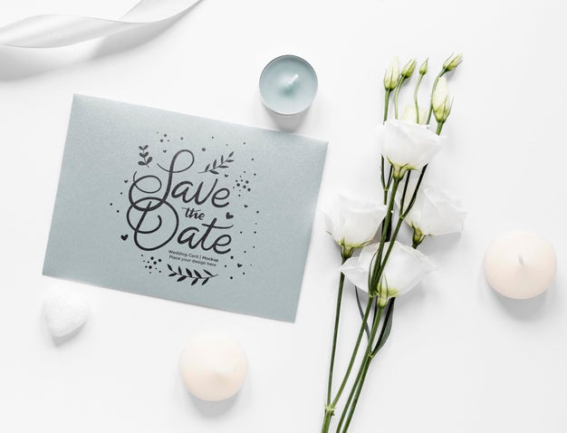 Free Top View Of Wedding Card With Roses And Candles Psd