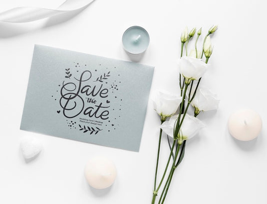 Free Top View Of Wedding Card With Roses And Candles Psd