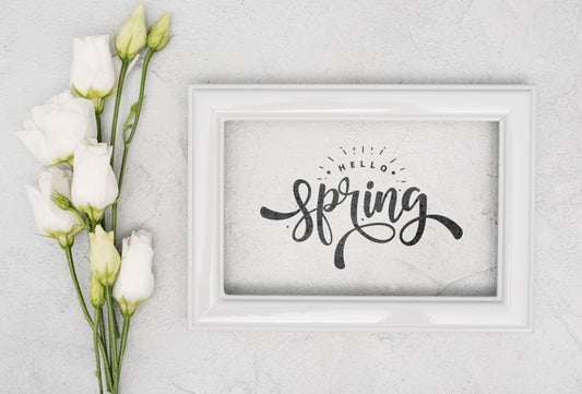 Free Top View Of White Spring Roses With Frame Psd