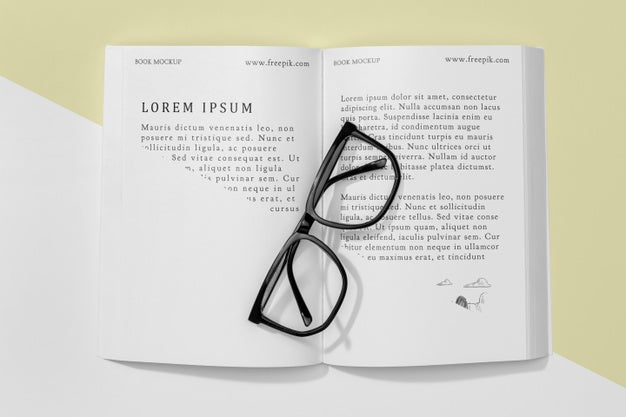 Free Top View Open Book Mock-Up With Glasses Psd