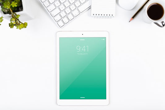 Free Top View Tablet Mockup On Workspace Psd