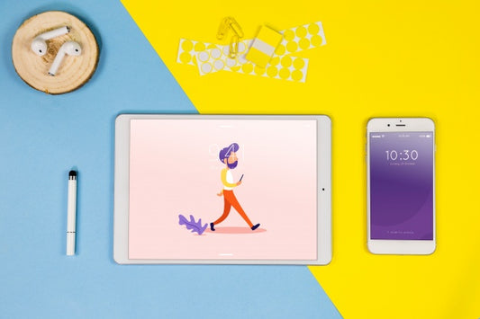 Free Top View Tablet Mockup With Desk Elements Psd