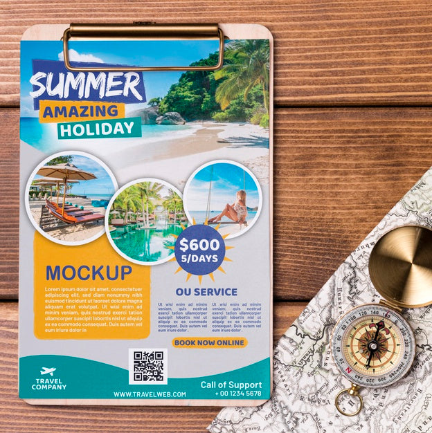 Free Top View Travel Mock-Up With Clipboard Ad Psd