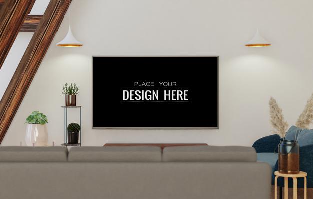 Free Tv In Living Room Mockup Psd