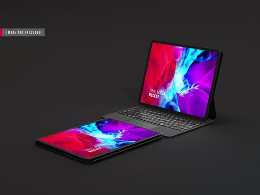 Free Two Isolated Dark Tablet Pro Mockup With Keyboard Psd