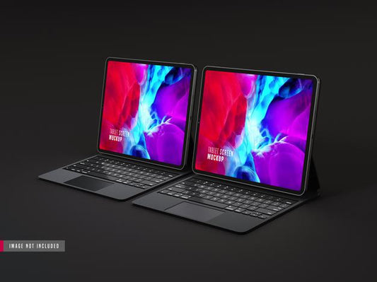Free Two Isolated Dark Tablet Pro Mockup With Keyboard Psd