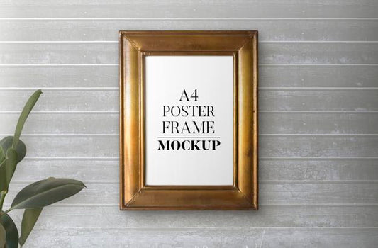 Free Vintage Golden Frame Over Wooden Wall Mockup Psd