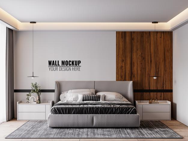 Free Wall Mockup In Bedroom Interior Psd