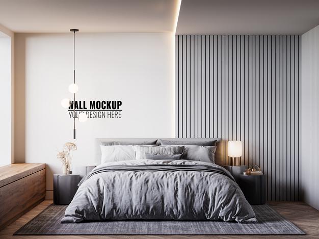 Free Wall Mockup In Bedroom Interior Psd