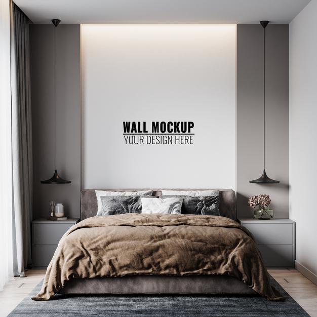 Free Wall Mockup In Bedroom Interior Psd