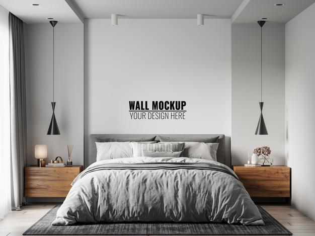 Free Wall Mockup In Bedroom Interior Psd