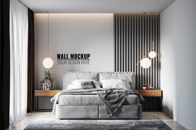 Free Wall Mockup In Bedroom Interior Psd
