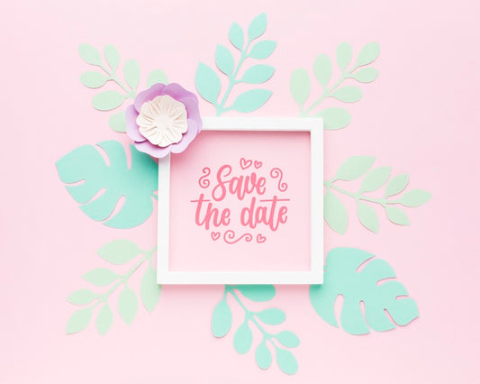 Free Wedding Frame Mock-Up With Paper Leaves On Pink Background Psd