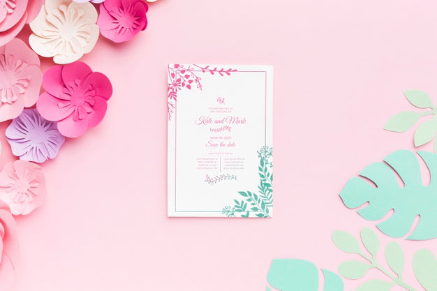 Free Wedding Invitation Mock-Up With Paper Flowers On Pink Background Psd