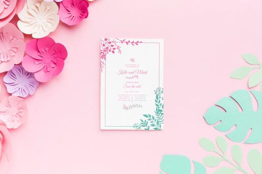 Free Wedding Invitation Mock-Up With Paper Flowers On Pink Background Psd