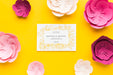 Free Wedding Invitation Mock-Up With Paper Flowers On Yellow Background Psd