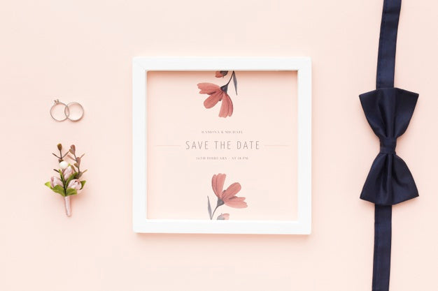 Free Wedding Rings And Bow Tie With Frame Mock-Up And Flower Psd