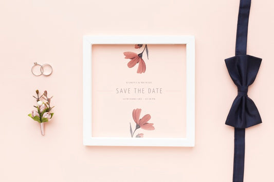 Free Wedding Rings And Bow Tie With Frame Mock-Up And Flower Psd