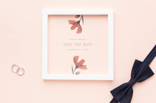 Free Wedding Rings And Bow Tie With Frame Mock-Up Psd