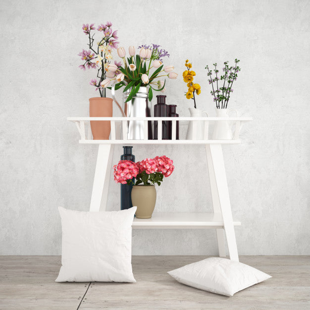 Free White Decorative Furniture With Beautiful Plants And Pillowcases Mockup Psd