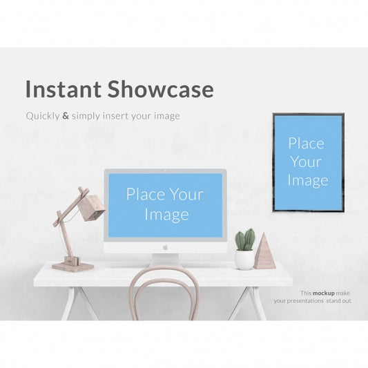 Free White Desk Wit Computer And Frame Mock Up Psd