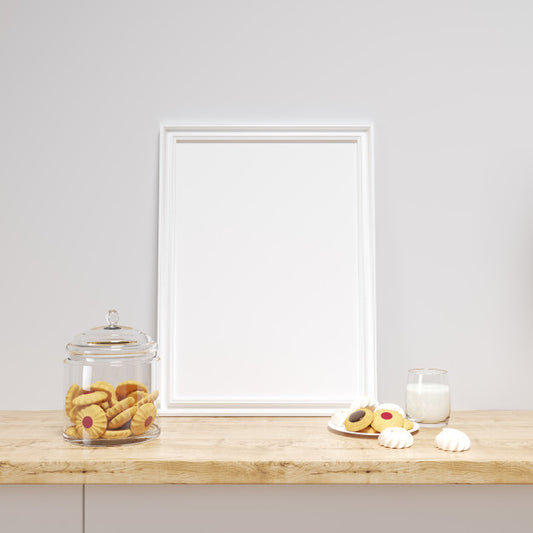 Free White Frame Mockup On A Kitchen Counter With Delicious Cookies Psd