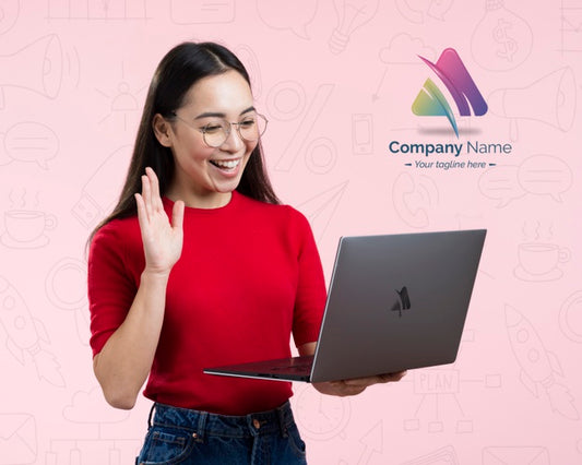 Free Woman Having An Online Meeting And Business Logo Ad Psd