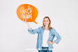 Free Woman Holding Speech Bubble Mockup Psd