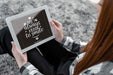 Free Woman Holding Tablet Mock-Up Psd