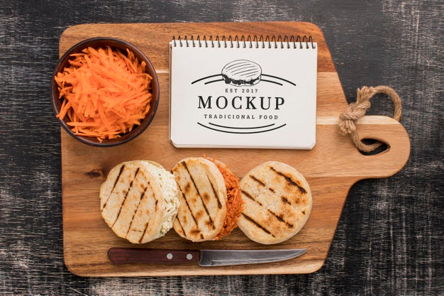 Free Wooden Board With Knife And Organic Sandwiches Mock-Up Psd