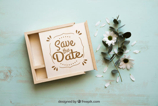 Free Wooden Box Mockup Next To Flowers Psd