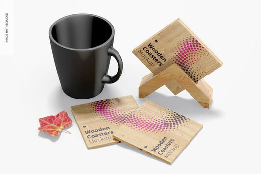 Free Wooden Coasters With Mug Mockup Psd