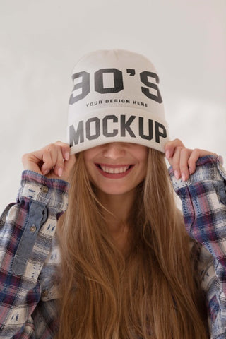 Free Young Woman Wearing Beanie Mockup Psd